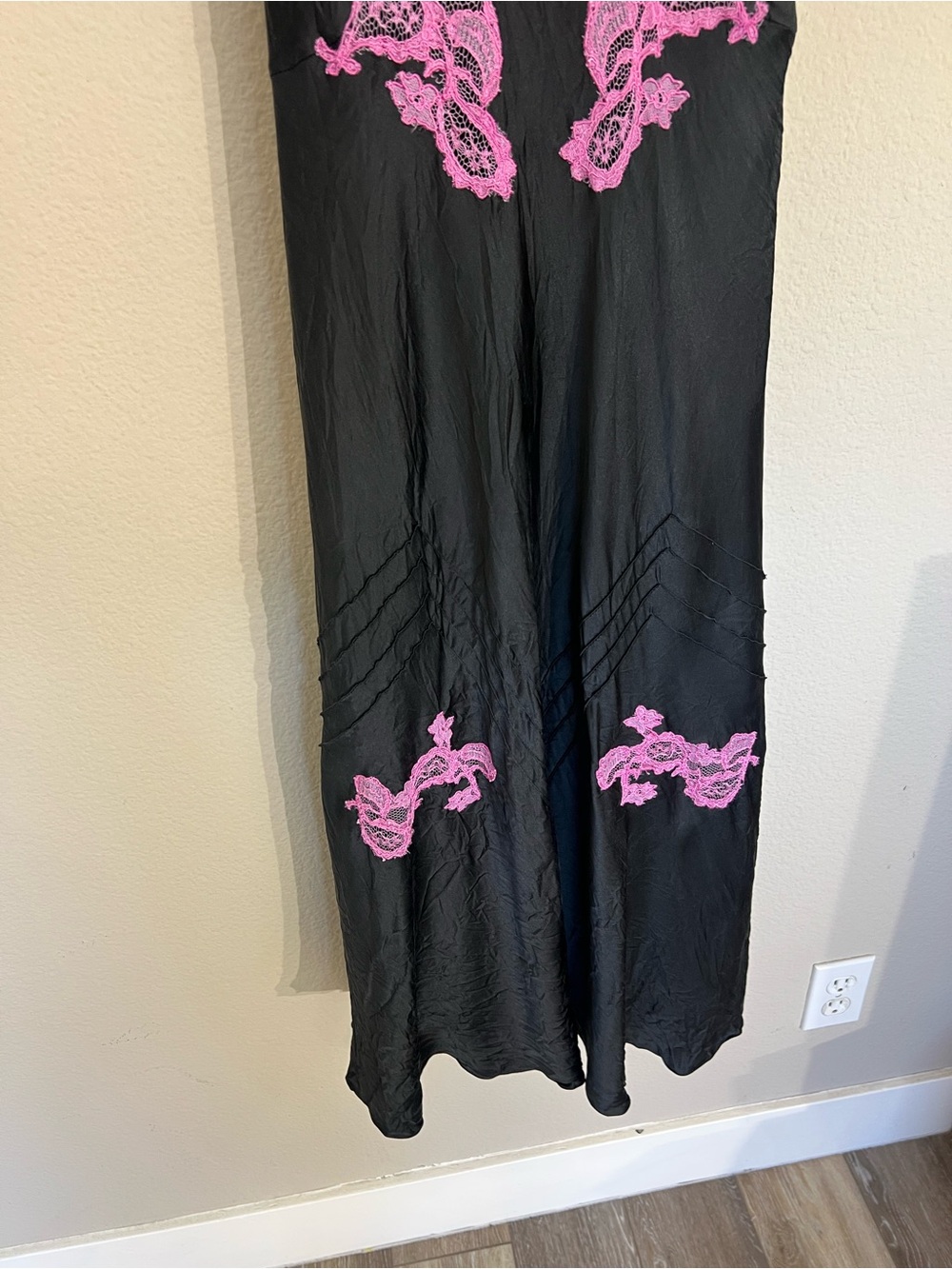 Vintage Betsey Johnson silk satin bias cut black pink lace midi dress coquette - Picture 7 of 14